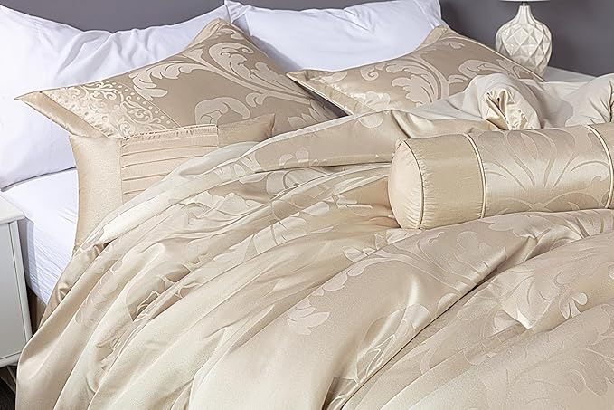 Chezmoi Collection Royale 7-Piece Jacquard Floral Comforter Set, Oversized King, Champagne