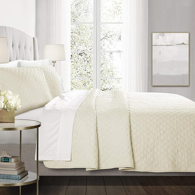 Lush Decor Ava Quilt Diamond Pattern Solid 3 Piece Oversized Bedding Blanket Bedspread Set - Full/Queen - Ivory