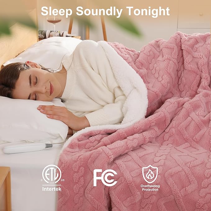 Electric Blanket Twin Heated Blanket 62''X84'' with 5 Heating Levels & 10 Hours Auto Off, ETL& FCC Certification Dual Sherpa Twin Heating Blanket Washable for Home/Office/Bed, Great Gift(Pink)