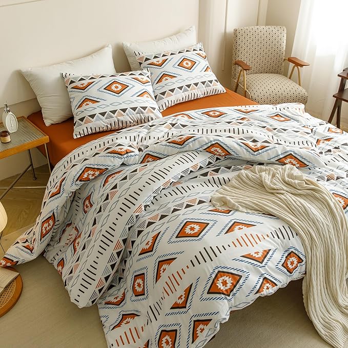 KAREVER Boho Comforter Twin Aztec Bedding Set Southwest Theme 3 PCs Bohemian Comforter Set White Twin Size Comforter (68x90 Inches) with 2 Pillowcases (26x26 inches)