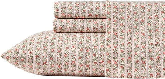 Laura Ashley - Queen Sheets, Cotton Percale Bedding Set, Lightweight & Breathable Home Decor, Oeko-Tex Certified (Marta Stripe Pink, Queen)