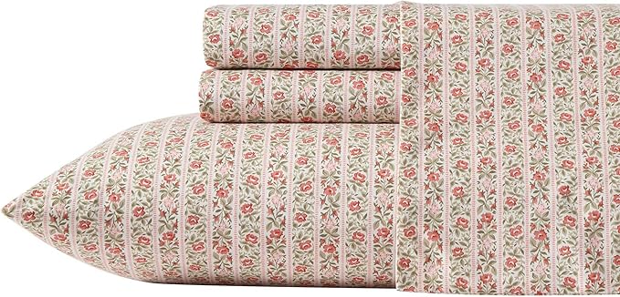 Laura Ashley - Full Sheets, Cotton Percale Bedding Set, Lightweight & Breathable Home Decor, Oeko-Tex Certified (Marta Stripe Pink, Full)