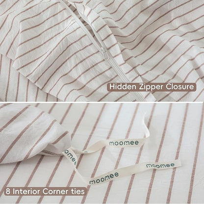 MooMee Striped Duvet Cover Set 100% Washed Cotton Linen Like Textured Breathable Durable Soft Comfy (White Orange Wide Stripes, King 104"x90")