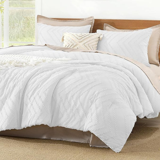 Litanika Comforter Oversized King Size Set White, 3 Pieces Chevron Tufted Vintage Solid Bedding Comforter Sets, Fluffy Bed Set