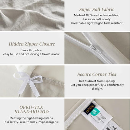 MILDLY Super Soft Duvet Cover - 100% Washed Microfiber Linen Grey Comforter Cover Set 3 Pieces with Zipper Closure & Corner Ties (No Comforter)