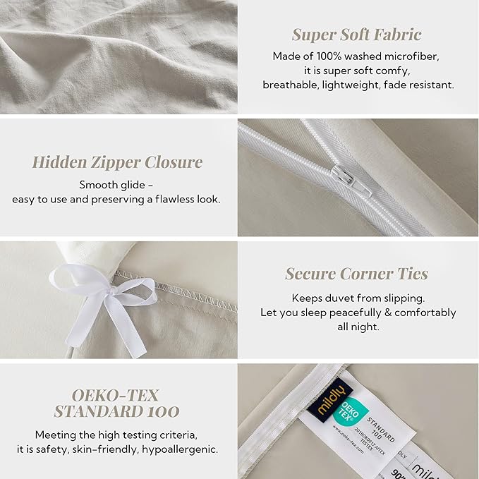 MILDLY Super Soft Duvet Cover - 100% Washed Microfiber Linen Grey Comforter Cover Set 3 Pieces with Zipper Closure & Corner Ties (No Comforter)