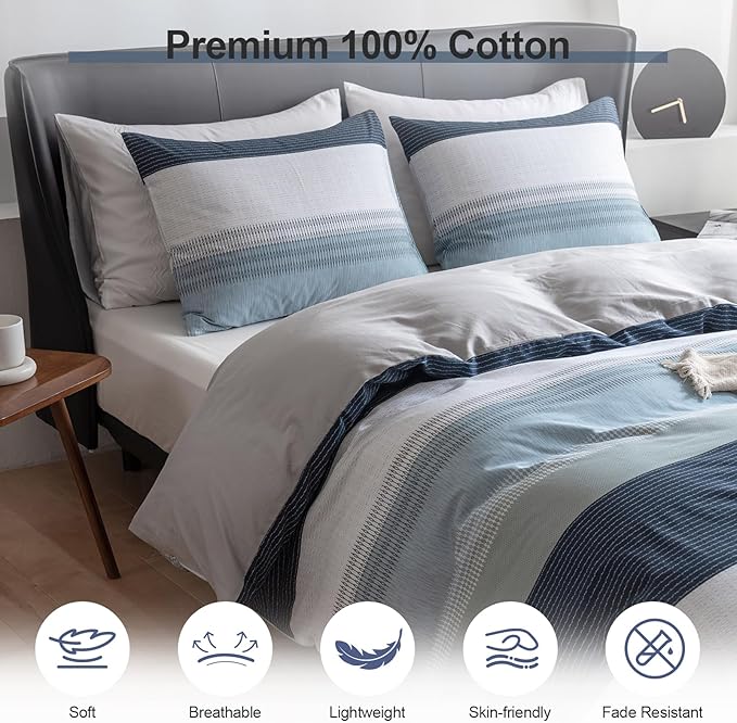 EAVD Cotton Duvet Cover Set White Gray Blue Striped Duvet Cover King Geometric Pattern Bedding Set with 2 Pillowcases Modern Style Striped Comforter Cover with Zipper Closure
