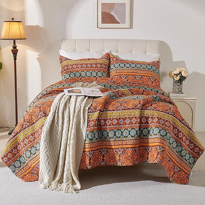 Cmfshape Orange Quilt Sets Bedspread Set 100% Cotton Boho Bedding Set, All Season Use Lightweight Reversible Coverlet Quilts with 1 Pillow Shams(Twin 68"x86")