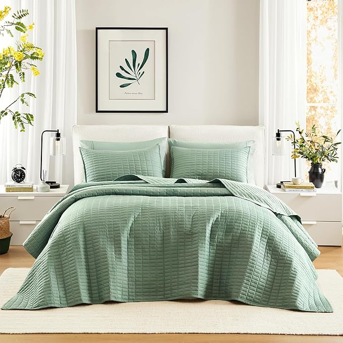 Comfort Spaces Sage Green Oversized King Quilt Set 120"x118" Bedspread Quilted Summer Lightweight Microfiber Bedding Coverlet with Double Sided Stitching Soft All Season 3 Piece with Matching Shams