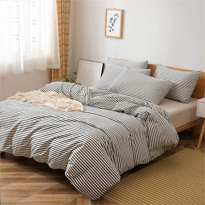 JELLYMONI 100% Natural Cotton 2pcs Striped Duvet Cover Sets,White Duvet Cover with Dark Grey Stripes Pattern Printed Comforter Cover,with Zipper Closure & Corner Ties(Twin Size)