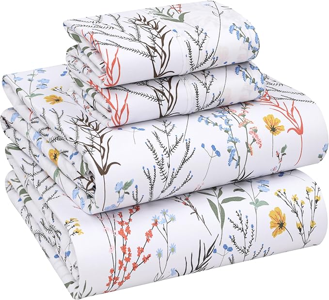 RUVANTI 100% Cotton Sheets – California King Percale Bedding, Cooling & Breathable Floral Design, Durable with a Crisp, Soft & Comfortable Feel, 14" Deep Pocket, 4-Piece Set, Aroma