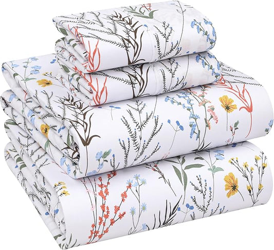 RUVANTI 100% Cotton Sheets – California King Percale Bedding, Cooling & Breathable Floral Design, Durable with a Crisp, Soft & Comfortable Feel, 14" Deep Pocket, 4-Piece Set, Aroma