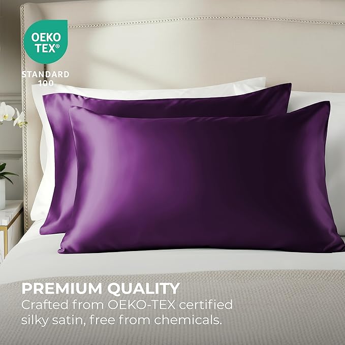 Pure Bedding Satin Pillowcase - Silky Pillow Cases for Hair and Skin - Satin Pillow Covers with Envelope Closure - Extra Soft Premium Microfiber - Pack of 2 - Queen Size (20"x30", Purple)