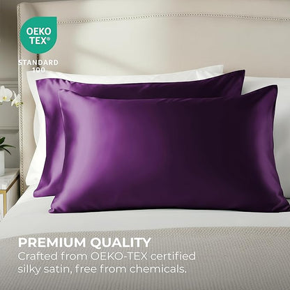 Pure Bedding Satin Pillowcase 2 Pack - King Size (20"x40", Purple) - Silky Pillow Cases for Hair and Skin - Satin Pillow Covers with Envelope Closure - Extra Soft Premium Microfiber