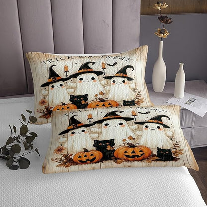 Cartoon Ghost Kids Bedspread King Size,Pumpkin Black Cat Happy Halloween Coverlet Set,Boys Girls Room Decor,Maple Wooden Plank Rustic Farmhouse Quilted Coverlet,Retro Bedding Quilt,2 Pillowcases