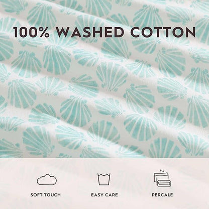 Laura Ashley - Twin Bed Sheets, Cotton Percale Bedding with Matching Pillowcase, Crisp & Cool Bed Set with Deep Pocket, Oeko-Tex Certified, Dorm Essentials (Margate Shells Blue)