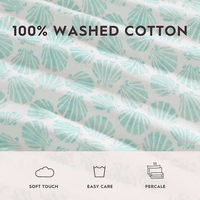 Laura Ashley - King Sheets, Cotton Percale Bedding Set, Lightweight & Breathable Home Decor (Margate Shells Blue, King)
