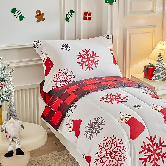 Christmas Toddler Bedding Set for Boys Girls Red White Sock Colorful Holiday 4PC Toddler Bed Set - Cute Toddler White Bed in a Bag with Gray Red Snowflake