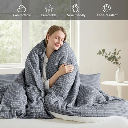 MILDLY Jacquard Stripe Duvet Cover - 100% Washed Cotton Charcoal Boho Textured Comforter Cover Set with Zipper Closure 104"x90"