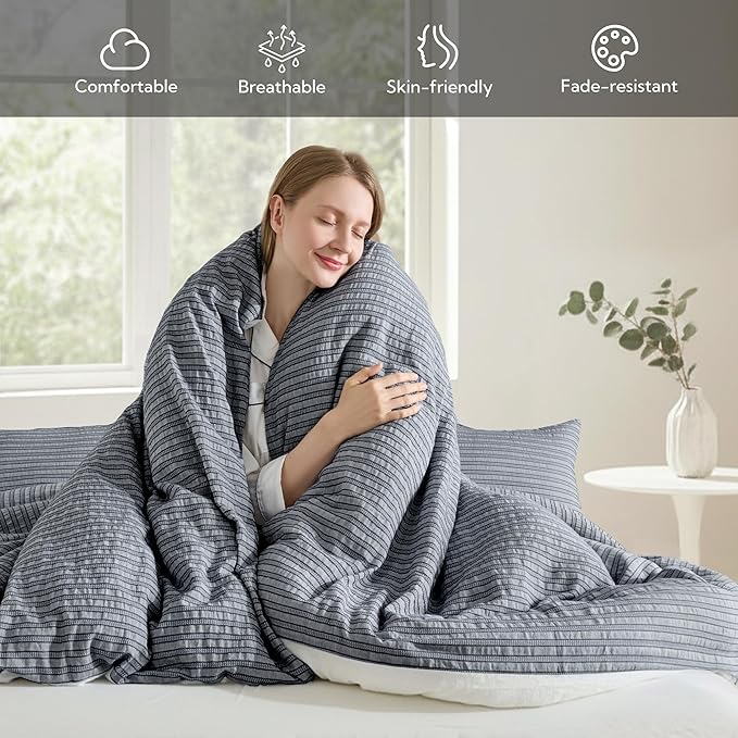 MILDLY Jacquard Stripe Duvet Cover - 100% Washed Cotton Charcoal Boho Textured Comforter Cover Set with Zipper Closure 90"x90"