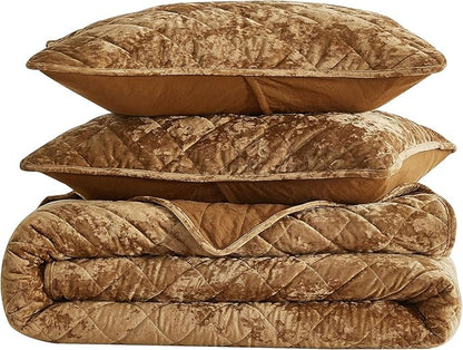 Chezmoi Collection Lux Caramel Gold Velvet Quilt Oversized King Set, 3-Piece Plush Distressed Velvet Bedding All Season Lightweight Comforter Brushed Microfiber Reverse with Diamond Stitch Quilting