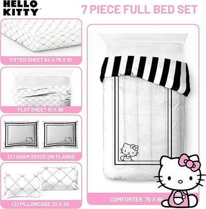 Jay Franco Comforter Set Includes Sheets and Pillow Covers - Soft and Cozy Bed Set for Stylish Room Decor, White - Hello Kity 7 Piece Full Size Bedding