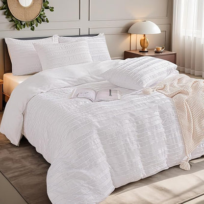 NEXHOME PRO Duvet Cover, White 3 Pieces Boho Tufted Duvet Cover Set, Soft and Lightweight 100% Washed Microfiber Comforter Cover Set for All Season(White Cal King, 104 x 98)-No Comforter