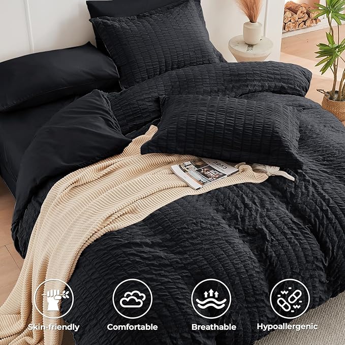 HYMOKEGE Black Duvet Cover Full Size, Ultra Soft 3-Piece Seersucker Duvet Cover Set with Zipper Closure, Soft Brushed Microfiber Bedding Set with 8 Corner Ties (80"x90", 2 Pillowshams)