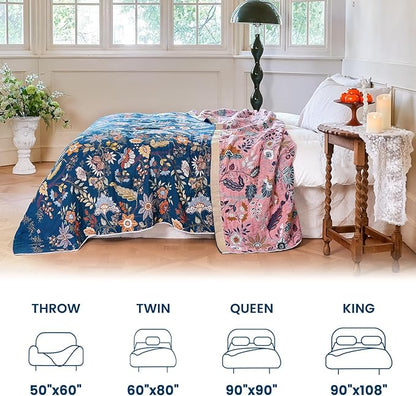 MSGKV Boho Throw Blanket for Bed 60"x80" 100% Cotton Twin Floral Blanket Spring Breathable Lightweigh Muslin Home Decorative Blankets for Couch
