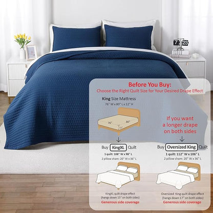 XL King Quilt Set – 108"x98" Soft Washed 3-Layer Lightweight Bedspread with Multi-Lock Quilting,Minimalist Nordic Bedding, All-Season Quilt for Spring,Summer & Fall(1 Quilt + 2 Pillow Shams),Dark Blue