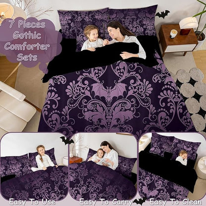 Erosebridal Gothic Damask Bed in a Bag Queen Comforter Set 7 Piece,Halloween Bat Bedding Sets Purple Victorian Floral Goth Sheet Set with Comforter