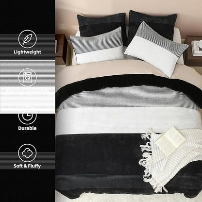 Litanika Fluffy Fleece Full Size Comforter Set, Luxury Soft Plush Fuzzy Black & White Stripe Bedding Comforter Sets, Warm Shaggy Faux Fur Bed Set All Season (1 Comforter, 2 Pillowcases)