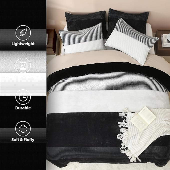 Litanika Fluffy Fleece Queen Comforter Set, Luxury Soft Plush Fuzzy Black & White Stripe Bedding Comforter Sets, Warm Shaggy Faux Fur Bed Set All Season (1 Comforter, 2 Pillowcases)