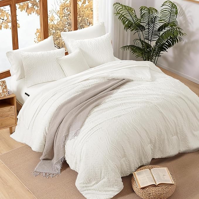 WRENSONGE Queen Comforter Set with Sheets - 7 Pieces White Tufted Bed in a Bag Queen Shabby Chic Bedding Sets with 1 Comforter, 2 Sheets, 2 Pillowcases & 2 Shams