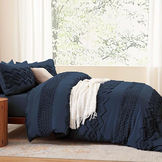 Luxudecor Navy Blue Boho Tufted Comforter Set King Size 3 Pieces Boho Shabby Chic Comforter Farmhouse Embroidery Bedding Set Soft Comforter for All Seasons (Navy Blue, 104''x90'')