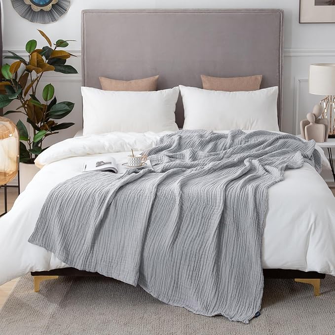 EMME Cooling Cotton Muslin King Blanket Bed Layering Bedspread Coverlet Breathable Gauze Soft Lightweight (Light Grey, 108"x90")
