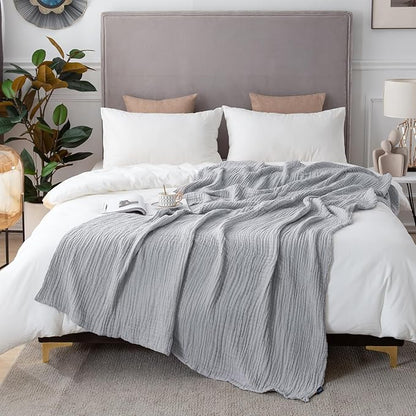 EMME Cooling Cotton Muslin King Blanket Bed Layering Bedspread Coverlet Breathable Gauze Soft Lightweight (Light Grey, 108"x90")