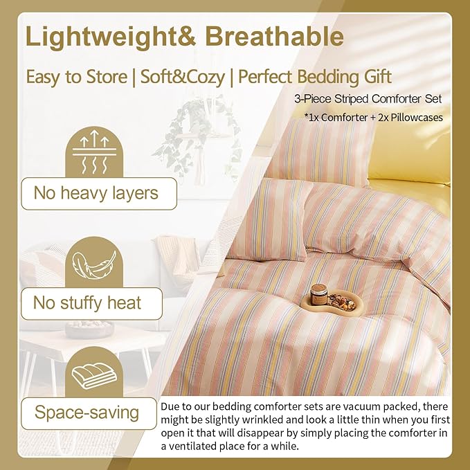 EAVD Retro Striped Comforter Set Queen Multicolor Soft 100% Washed Cotton Chic Colorful Striped Bedding Set with 2 Pillowcases Reversible Farmhouse Geometric Pattern Comforter Set for All-Season