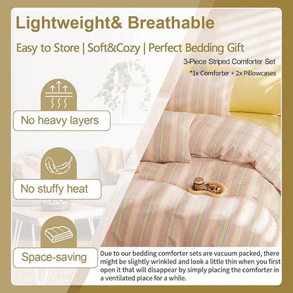 EAVD Retro Striped Comforter Set Full Multicolor Soft 100% Washed Cotton Chic Colorful Striped Bedding Set with 2 Pillowcases Reversible Farmhouse Geometric Pattern Comforter Set for All-Season