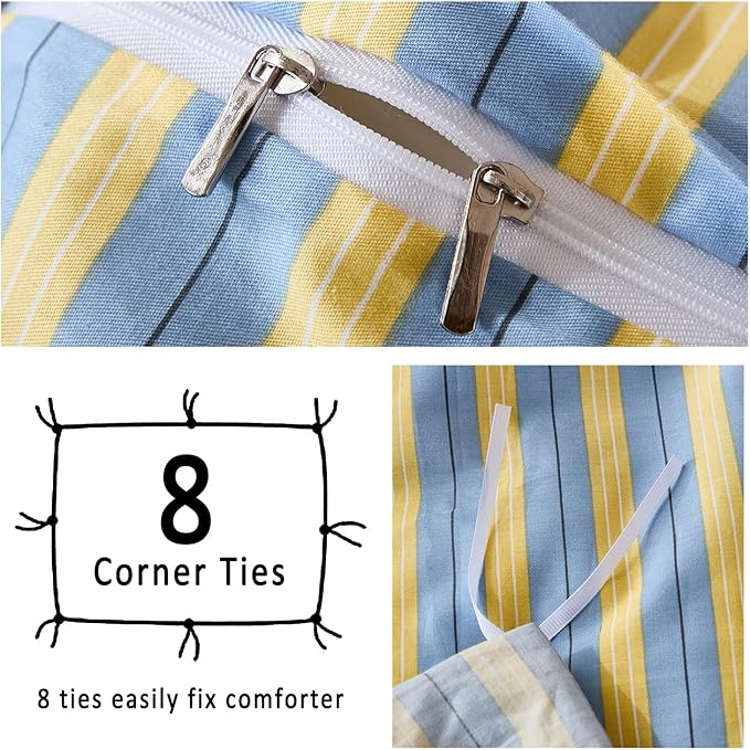 Merryword 100% Cotton Duvet Cover Set Queen Size, Blue & Yellow Striped Bedding Set with Zipper Closure and 8 Corner Ties, Modern Coastal Style Comforter Cover Set 3 Pieces
