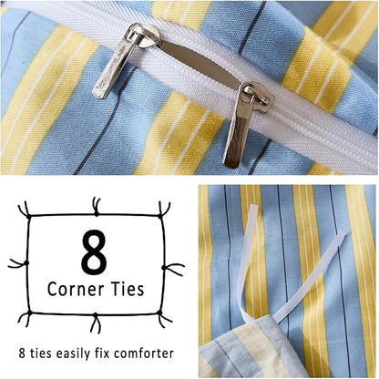 Merryword 100% Cotton Duvet Cover Set King Size, Blue & Yellow Striped Bedding Set with Zipper Closure and 8 Corner Ties, Modern Coastal Style Comforter Cover Set 3 Pieces