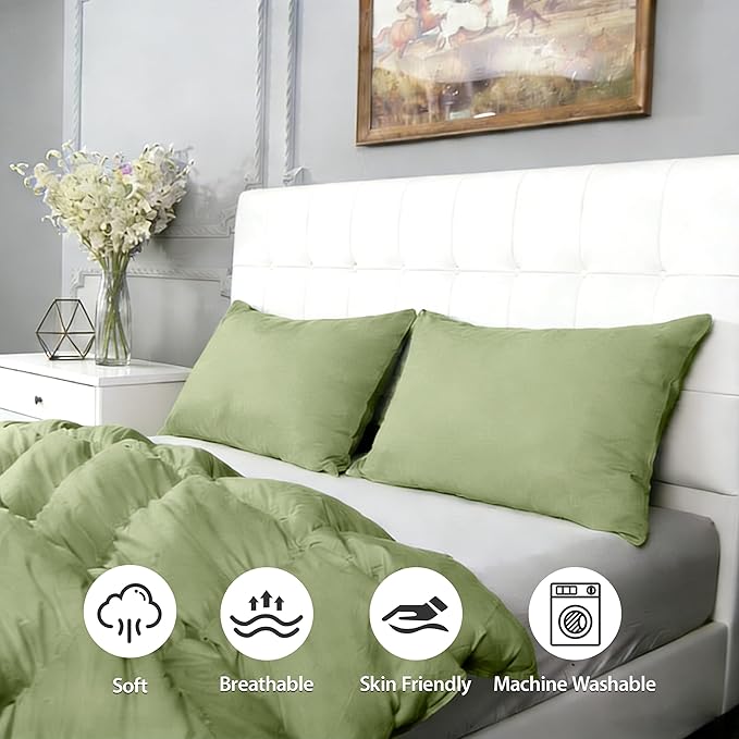 Simple&Opulence 100% Linen Pillowcases Basic Style Solid Color Set of 2, Queen Size Stone Washed Flax Pillow Cover Envelope Closure (20''x30'', Sage Green)