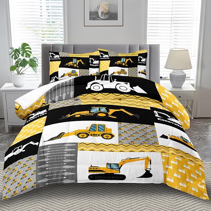 Construction Comforter Set Queen Boys,Yellow Queen Construction Bedding Set,Engineering Vehicles Comforter Yellow Bedroom Decor Kids,Truck Quilt Cartoon Truck Bedding for Teen