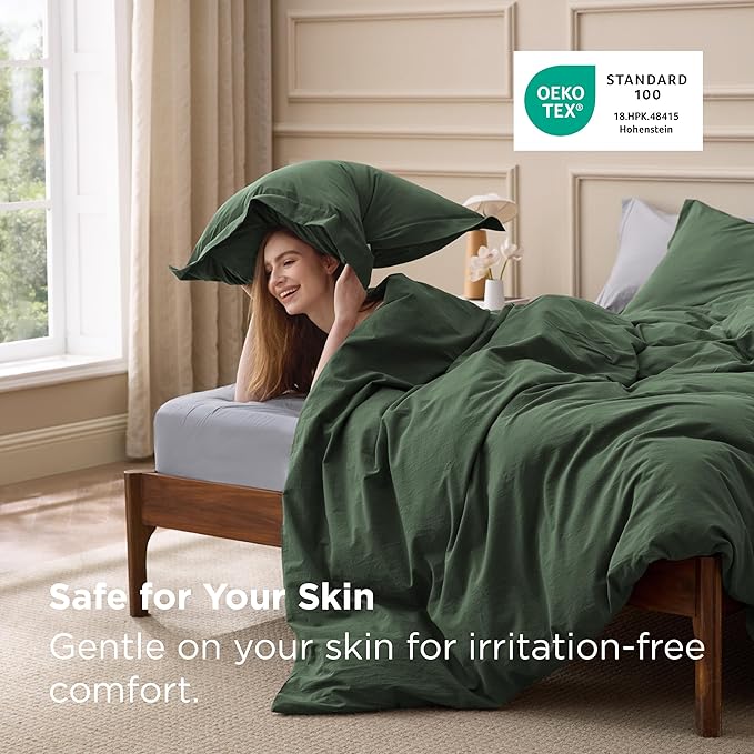 Bedsure 100% Washed Cotton Duvet Cover Oversized King - Olive Green Minimalist Bedding Set Linen Like - PureWoven Plain Simple & Soft Comforter Cover 3-Piece (Olive Green, Oversized King, 120"x98")