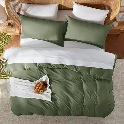 Nestl Olive Green Duvet Cover Queen Size - Soft Double Brushed Queen Duvet Cover Set, 3 Piece, with Button Closure, 1 Duvet Cover 90x90 inches and 2 Pillow Shams