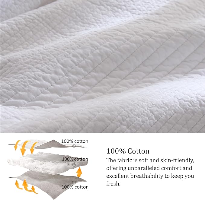 palassio Striped White 100% Cotton Quilt Twin Size Bedding Sets, Lightweight Crinkly Channel Pick Stitch Textured Bedspread Soft Shabby Chic Farmhouse Country Coverlet for All Season, 1 Sham