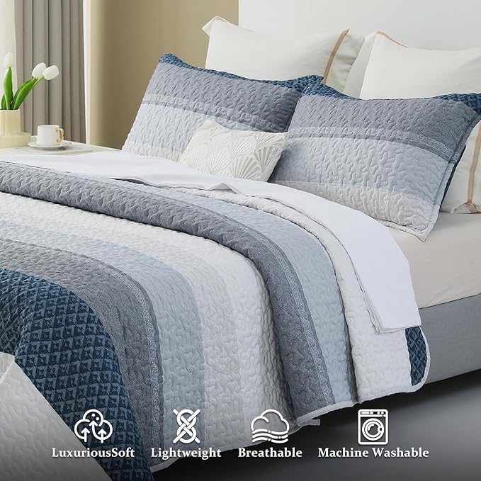 DURLENGEN Quilt Set King Size 3Pcs,Soft Microfiber Lightweight Bedspread,Blue & Navy Striped Geometric Pattern Coverlet for All Season Layering(King 106x96, Blue Patchwork)