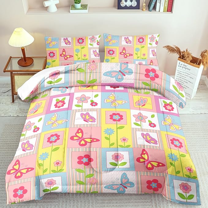 Pink Butterfly Kids Comforter Set Full Girls Floral Bedding Set Girls Pink Grid Comforter Kids Quilt Bedroom Decor White Purple Blue Pink Butterfly Bedding Bed Decor
