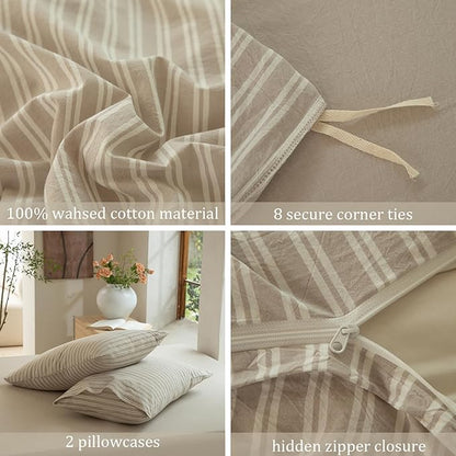 Striped Duvet Cover Set 100% Washed Cotton Linen Like Soft Feelling Breathable Bedding(Strip-Beige/White,Twin)