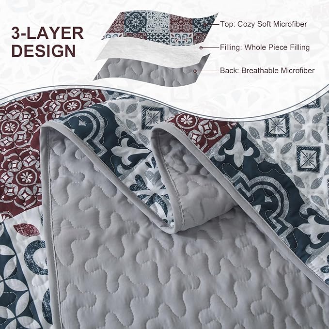 Dobuyly Patchwork Quilt Set Queen Size Boho Plaid Bedspread Red Grey Quilt Coverlet Set, 3 Pieces Soft Microfiber Lightweight Farmhouse Summer Bedding Set for All Seasons 96"x90"